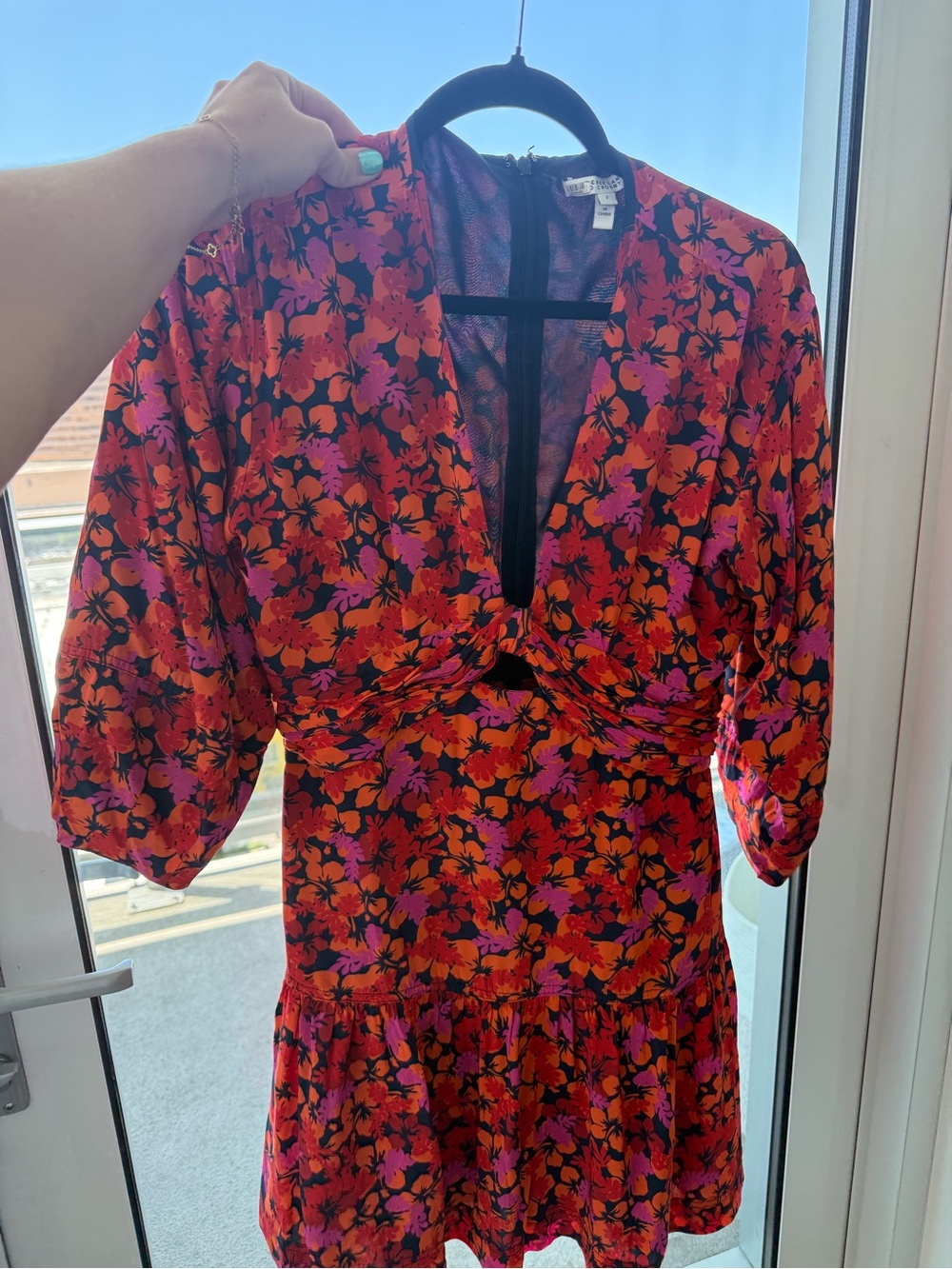10 Crosby Derek Lam Red and Pink Floral V-Neck Mini Dress